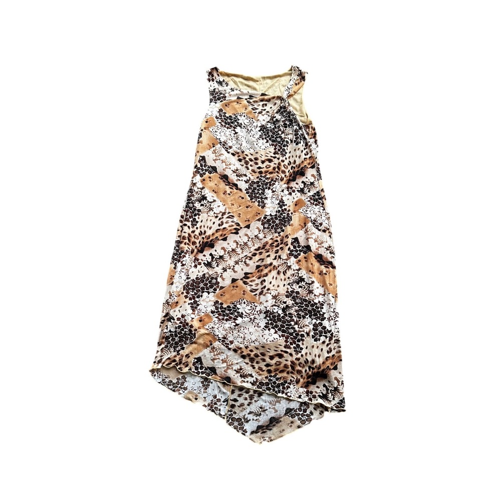Vintage Y2K Animal Floral Patchwork Asymmetrical Lettuce Hem Midi Dress Brown